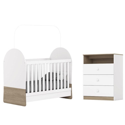 Jogo de Quarto Infantil Magia com Cômoda e Berço Branco/Jequitibá - Móveis Henn 