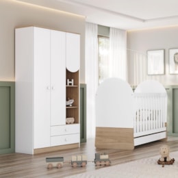 Jogo de Quarto Infantil Magia com Guarda Roupa e Berço Branco/Jequitibá - Móveis Henn 