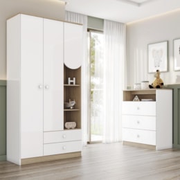 Jogo de Quarto Infantil Magia com Guarda Roupa e Cômoda Branco/Jequitibá - Móveis Henn