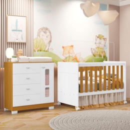 Jogo de Quarto Infantil New Katatau Cômoda e Berço Mini Cama Branco Fosco/Savana - Reller Móveis