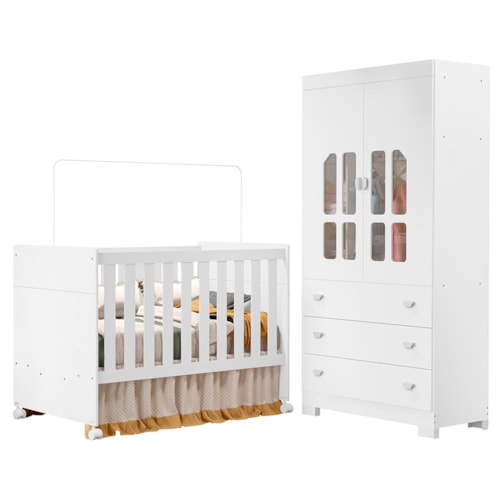 Jogo de Quarto Infantil New Katatau Guarda Roupa e Berço Mini Cama Branco Fosco - Reller Móveis