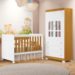 Jogo de Quarto Infantil New Katatau Guarda Roupa e Berço Mini Cama Branco Fosco/Savana - Reller Móveis 