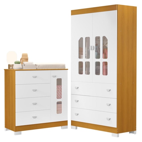 Jogo de Quarto Infantil New Katatau Guarda Roupa e Cômoda Branco Fosco/Savana - Reller Móveis