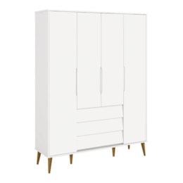 Jogo de Quarto Infantil Noah Retrô Guarda Roupa 4 Portas e Cômoda 4 Gavetas Branco Fosco com Pés Amadeirado - Reller Móveis  Jogo de Quarto Infantil Noah Retrô Guarda Roupa 4 Portas e Cômoda 4 Gavetas Branco Fosco com Pés Amadeirado - Reller Móveis