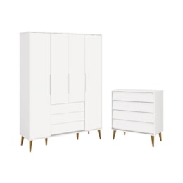Jogo de Quarto Infantil Noah Retrô Guarda Roupa 4 Portas e Cômoda 4 Gavetas Branco Fosco com Pés Amadeirado - Reller Móveis  Jogo de Quarto Infantil Noah Retrô Guarda Roupa 4 Portas e Cômoda 4 Gavetas Branco Fosco com Pés Amadeirado - Reller Móveis