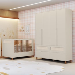 Jogo de Quarto Infantil Ollie Guarda Roupa 4 Portas e Berço Americano Areia Fosco - Reller Móveis