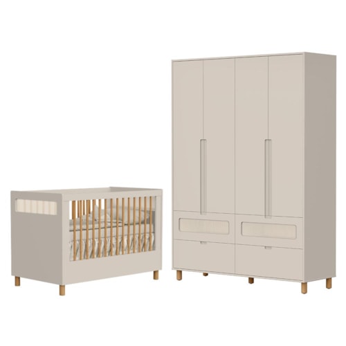 Jogo de Quarto Infantil Ollie Guarda Roupa 4 Portas e Berço Americano Areia Fosco - Reller Móveis