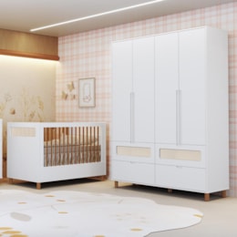 Jogo de Quarto Infantil Ollie Guarda Roupa 4 Portas e Berço Americano Branco Fosco - Reller Móveis