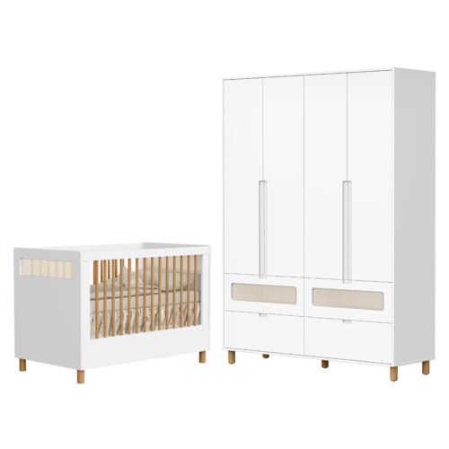 Jogo de Quarto Infantil Ollie Guarda Roupa 4 Portas e Berço Americano Branco Fosco - Reller Móveis