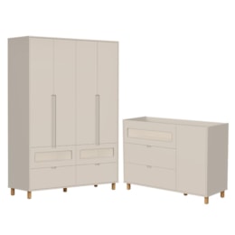 Jogo de Quarto Infantil Ollie Guarda Roupa 4 Portas e Cômoda 1 Porta Areia Fosco - Reller Móveis