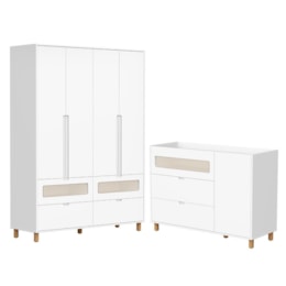 Jogo de Quarto Infantil Ollie Guarda Roupa 4 Portas e Cômoda 1 Porta Branco Fosco - Reller Móveis