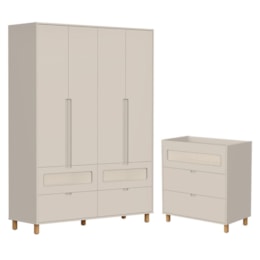 Jogo de Quarto Infantil Ollie Guarda Roupa 4 Portas e Cômoda 3 Gavetas Areia Fosco - Reller Móveis