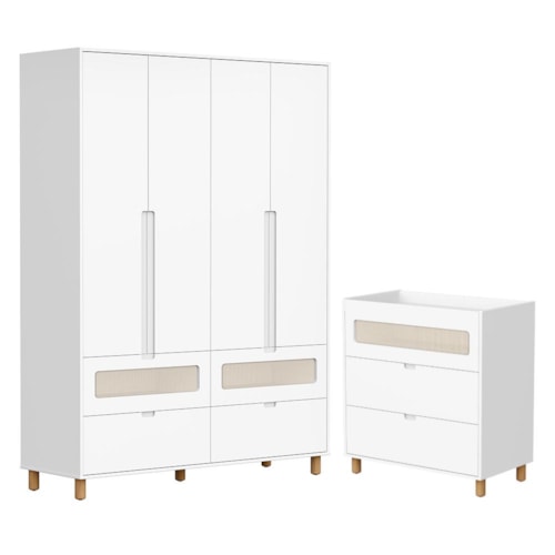Jogo de Quarto Infantil Ollie Guarda Roupa 4 Portas e Cômoda 3 Gavetas Branco Fosco - Reller Móveis 