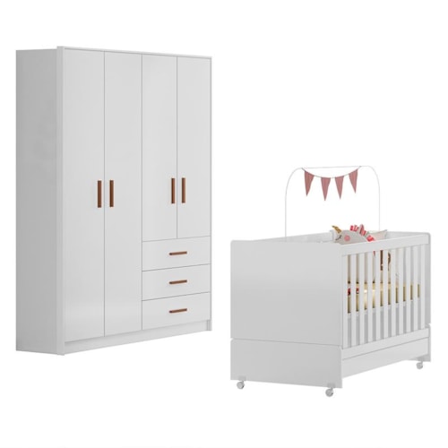 Jogo de Quarto Infantil Pérola Guarda Roupa e Berço Nature/Off White - Peternella Móveis
