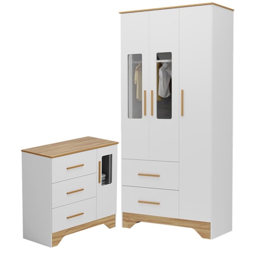 Jogo de Quarto Infantil Popy Retrô Plus com Janelas Guarda Roupa e Cômoda Branco Brilho/Amêndoa - Móveis Peroba