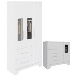 Jogo de Quarto Infantil Popy Retrô Plus com Janelas Guarda Roupa e Cômoda Branco Brilho - Móveis Peroba
