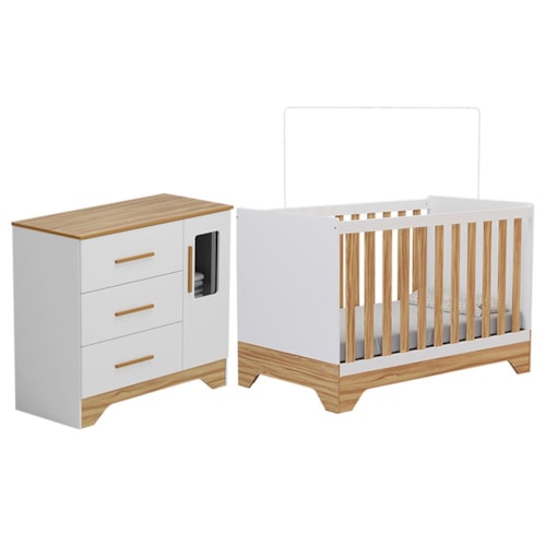 Jogo de Quarto Infantil Popy Retrô Plus Cômoda 1 Porta com Janela e Berço Branco Brilho/Amêndoa - Móveis Peroba