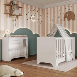 Jogo de Quarto Infantil Popy Retrô Plus Cômoda 1 Porta com Janela e Berço Branco Brilho - Móveis Peroba