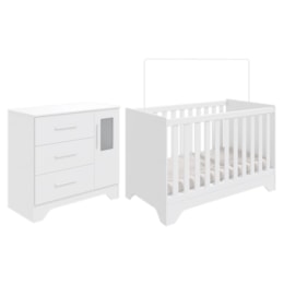 Jogo de Quarto Infantil Popy Retrô Plus Cômoda 1 Porta com Janela e Berço Branco Brilho - Móveis Peroba