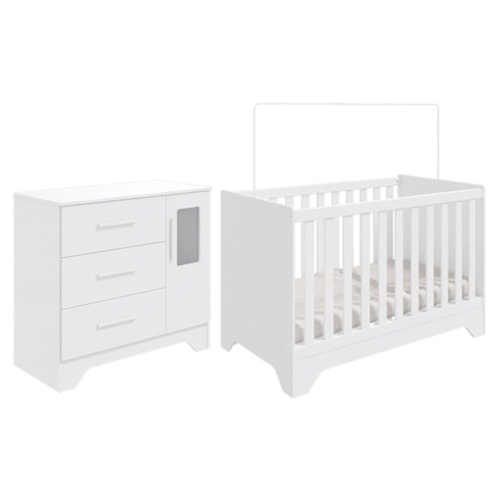 Jogo de Quarto Infantil Popy Retrô Plus Cômoda 1 Porta com Janela e Berço Branco Brilho - Móveis Peroba