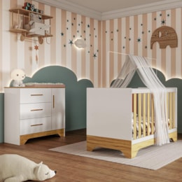 Jogo de Quarto Infantil Popy Retrô Plus Cômoda 1 Porta e Berço Branco Brilho/Amêndoa - Móveis Peroba
