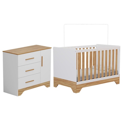 Jogo de Quarto Infantil Popy Retrô Plus Cômoda 1 Porta e Berço Branco Brilho/Amêndoa - Móveis Peroba