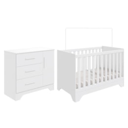 Jogo de Quarto Infantil Popy Retrô Plus Cômoda 1 Porta e Berço Branco Brilho - Móveis Peroba