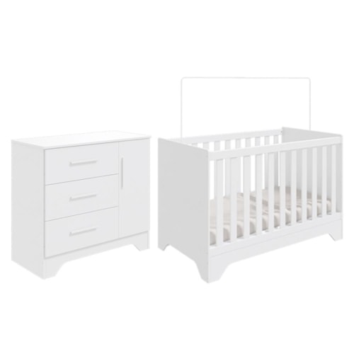 Jogo de Quarto Infantil Popy Retrô Plus Cômoda 1 Porta e Berço Branco Brilho - Móveis Peroba