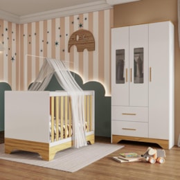 Jogo de Quarto Infantil Popy Retrô Plus Guarda Roupa 3 Portas com Janelas e Berço Branco Brilho/Amêndoa - Móveis Peroba