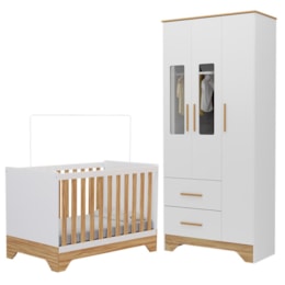 Jogo de Quarto Infantil Popy Retrô Plus Guarda Roupa 3 Portas com Janelas e Berço Branco Brilho/Amêndoa - Móveis Peroba