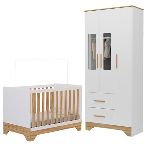 Jogo de Quarto Infantil Popy Retrô Plus Guarda Roupa 3 Portas com Janelas e Berço Branco Brilho/Amêndoa - Móveis Peroba