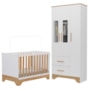Jogo de Quarto Infantil Popy Retrô Plus Guarda Roupa 3 Portas com Janelas e Berço Branco Brilho/Amêndoa - Móveis Peroba