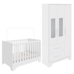 Jogo de Quarto Infantil Popy Retrô Plus Guarda Roupa 3 Portas com Janelas e Berço Branco Brilho - Móveis Peroba