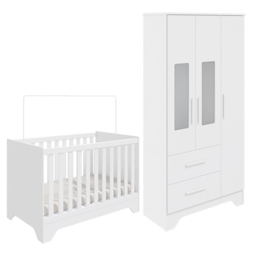 Jogo de Quarto Infantil Popy Retrô Plus Guarda Roupa 3 Portas com Janelas e Berço Branco Brilho - Móveis Peroba