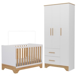 Jogo de Quarto Infantil Popy Retrô Plus Guarda Roupa 3 Portas e Berço Branco Brilho/Amêndoa - Móveis Peroba