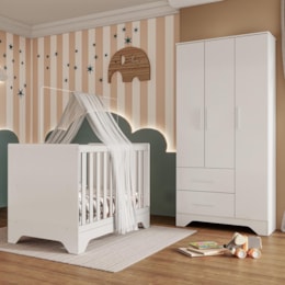 Jogo de Quarto Infantil Popy Retrô Plus Guarda Roupa 3 Portas e Berço Branco Brilho - Móveis Peroba