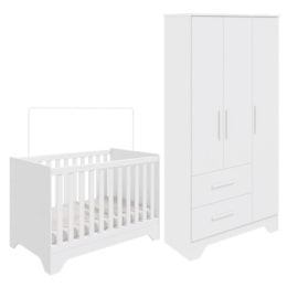 Jogo de Quarto Infantil Popy Retrô Plus Guarda Roupa 3 Portas e Berço Branco Brilho - Móveis Peroba