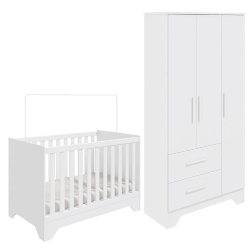 Jogo de Quarto Infantil Popy Retrô Plus Guarda Roupa 3 Portas e Berço Branco Brilho - Móveis Peroba