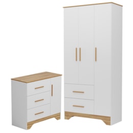 Jogo de Quarto Infantil Popy Retrô Plus Guarda Roupa e Cômoda Branco Brilho/Amêndoa - Móveis Peroba