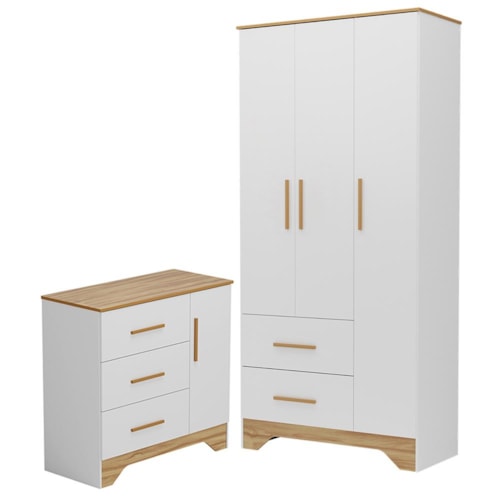 Jogo de Quarto Infantil Popy Retrô Plus Guarda Roupa e Cômoda Branco Brilho/Amêndoa - Móveis Peroba