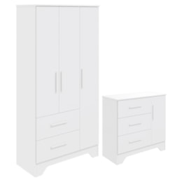 Jogo de Quarto Infantil Popy Retrô Plus Guarda Roupa e Cômoda Branco Brilho - Móveis Peroba