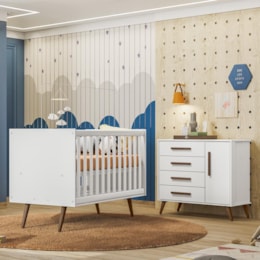 Jogo de Quarto Infantil Q Encanto Retrô com Cômoda e Berço Branco Acetinado - Qmovi Jogo de Quarto Infantil Q Encanto Retrô com Cômoda e Berço Branco Acetinado - Qmovi