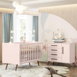 Jogo de Quarto Infantil Q Encanto Retrô com Cômoda e Berço Rosa - Qmovi Jogo de Quarto Infantil Q Encanto Retrô com Cômoda e Berço Rosa - Qmovi