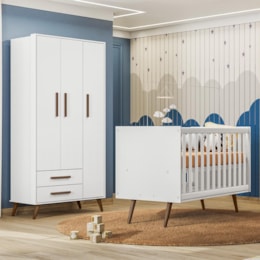 Jogo de Quarto Infantil Q Encanto Retrô com Guarda Roupa e Berço Branco Acetinado - Qmovi Jogo de Quarto Infantil Q Encanto Retrô com Guarda Roupa e Berço Branco Acetinado - Qmovi