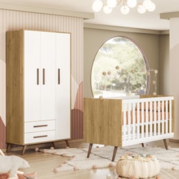 Jogo de Quarto Infantil Q Encanto Retrô com Guarda Roupa e Berço Freijó/Branco Acetinado - Qmovi Jogo de Quarto Infantil Q Encanto Retrô com Guarda Roupa e Berço Freijó/Branco Acetinado - Qmovi