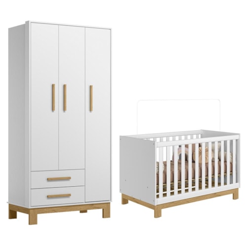 Jogo de Quarto Infantil Q Encanto Slim Guarda Roupa e Berço Mini Cama Branco Acetinado - Qmovi