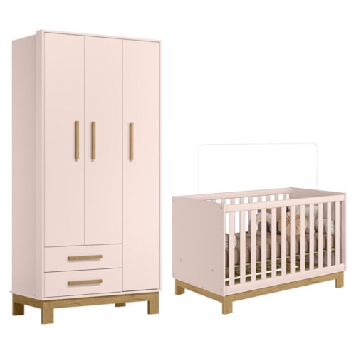 Jogo de Quarto Infantil Q Encanto Slim Guarda Roupa e Berço Mini Cama Rosa Acetinado - Qmovi