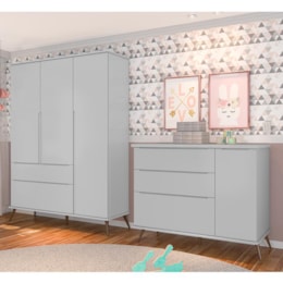 Jogo de Quarto Infantil Retrô Alice Guarda Roupa e Cômoda com Porta Cinza - PR Baby   Jogo de Quarto Infantil Retrô Alice Guarda Roupa e Cômoda com Porta Cinza - PR Baby