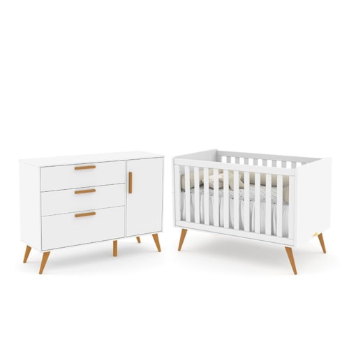 Jogo de Quarto Infantil Retrô Cômoda com Porta e Berço Branco Soft/Eco Wood - Matic Móveis