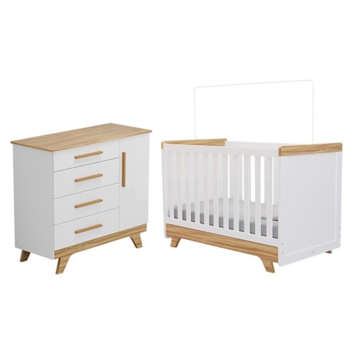 Jogo de Quarto Infantil Retrô Cômoda e Berço Branco Brilho/Amêndoa - Móveis Peroba